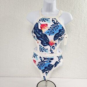 Swimsuit Women's Floral Leaf Side Cut Out White Blue Pink Small